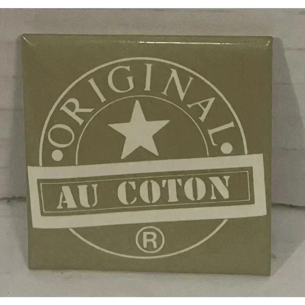 Vintage‎ 1980s Au Coton Original Square Pinback Button Taupe Pin 1.5” Canada